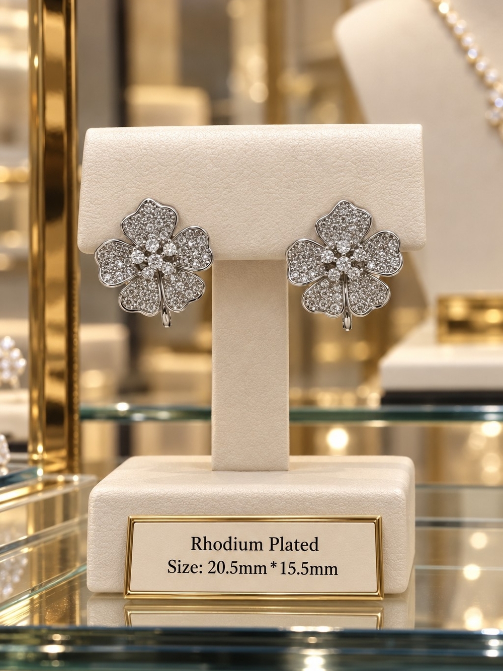 Rhodium Plated Four-Leaf Clover Crystal Earrings - Silver